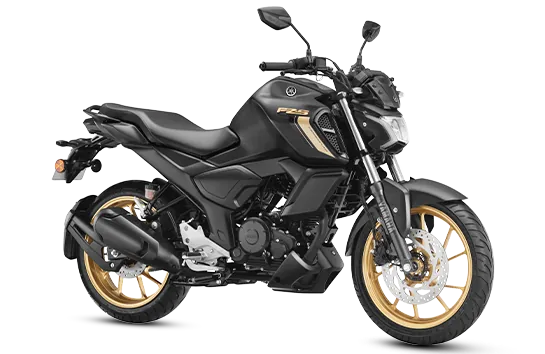 Yamaha FZS V4, front three quarter view, Matte Black   Golden Wheel