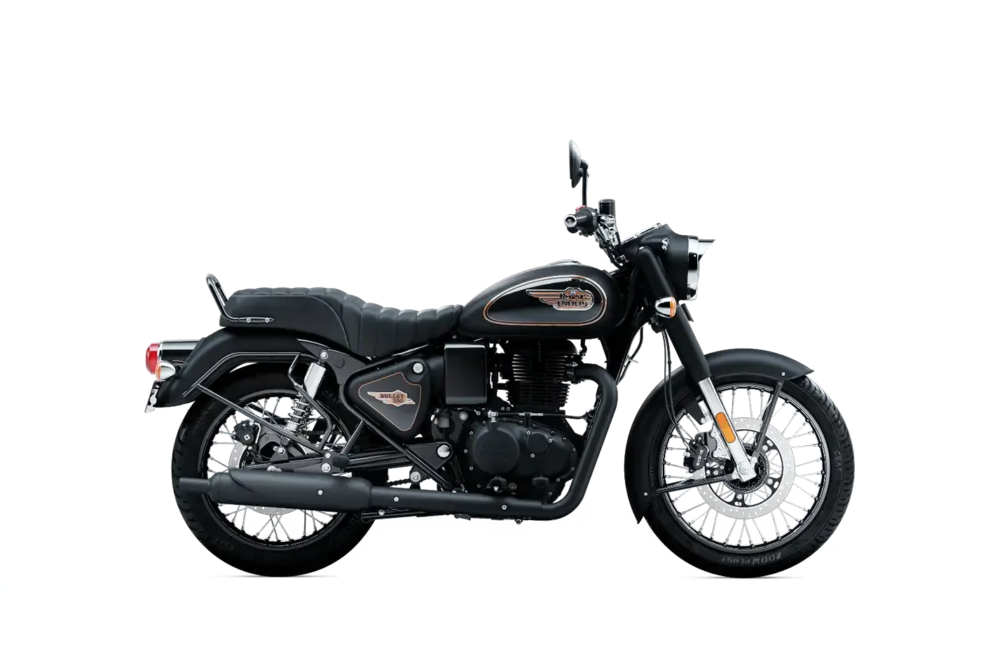 Royal Enfield Bullet 350, front three quarter view, Black Gold
