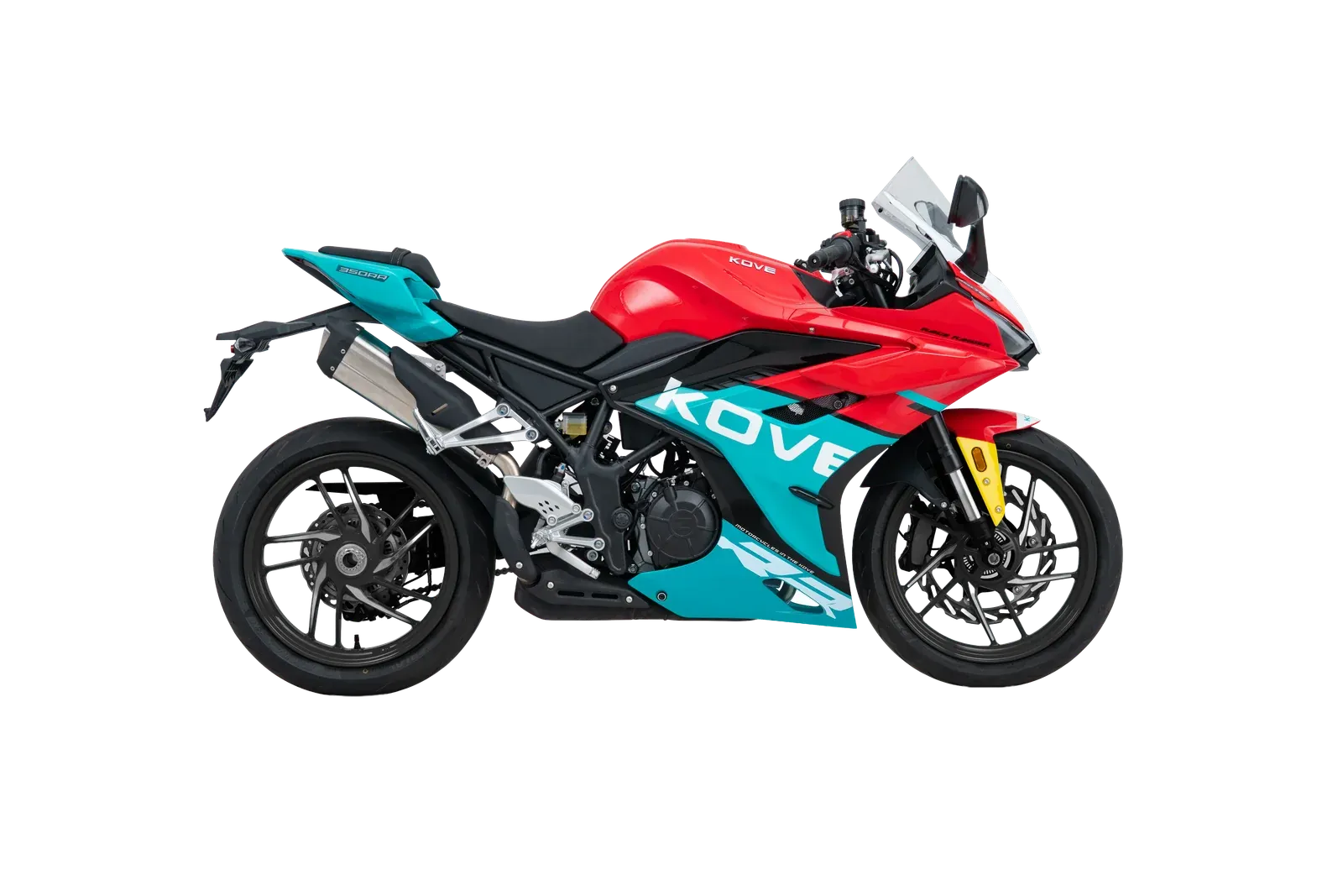 Kove 350RR, front three quarter view, Racing Cyan