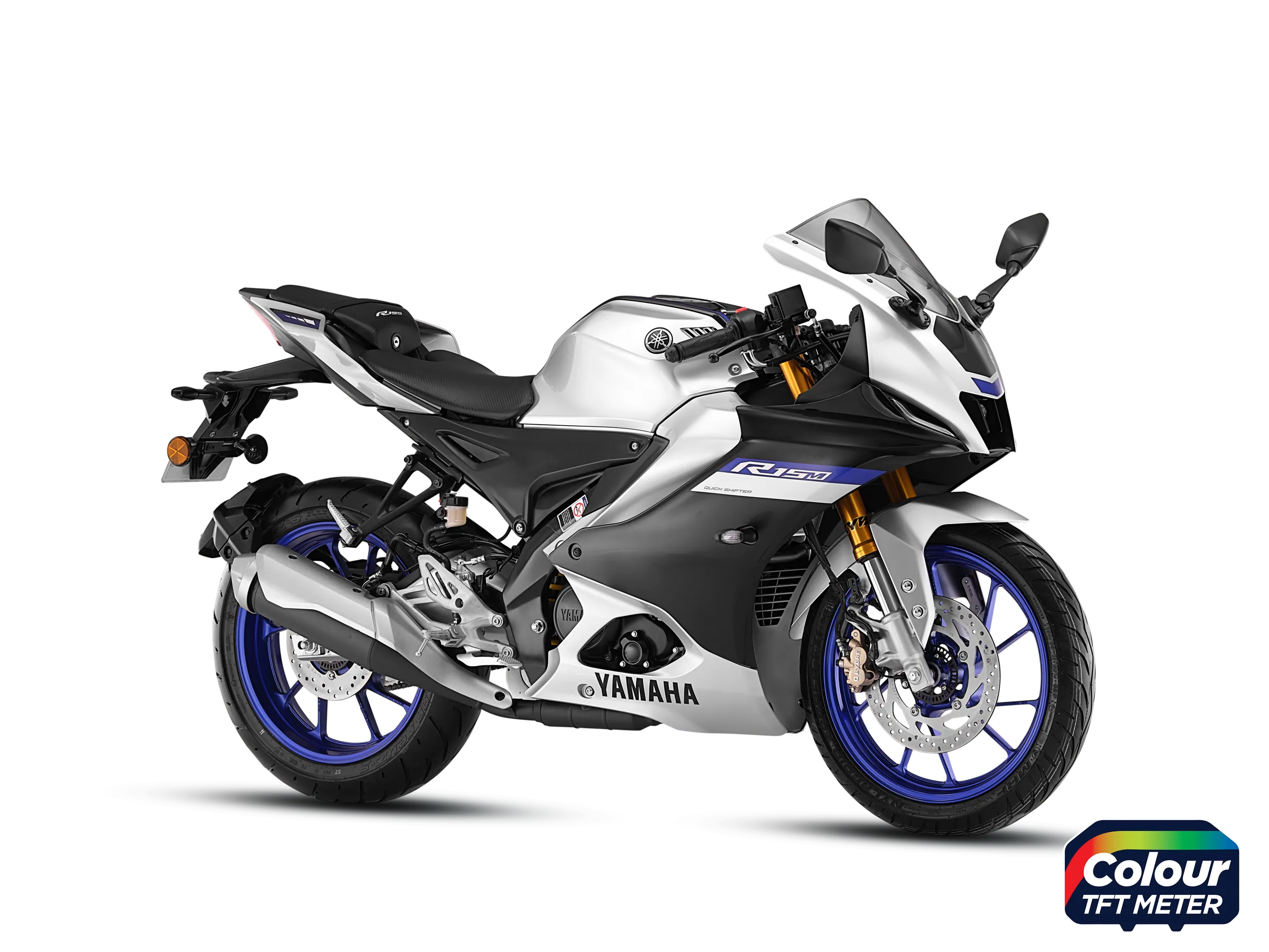 Yamaha R15M, front three quarter view, Metallic Grey With Tft Meter