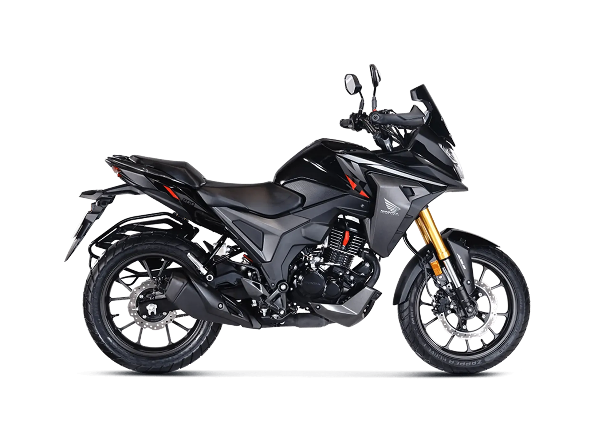 Honda NX200, front three quarter view, Pearl Igneous Black