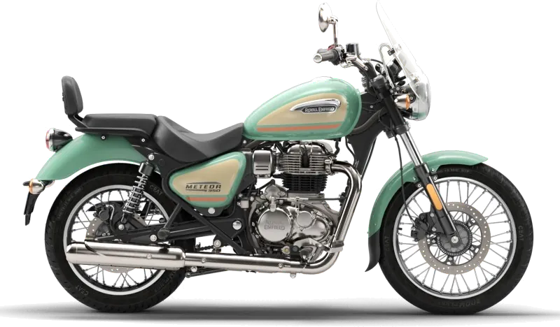 Royal Enfield Meteor 350, front three quarter view, Aurora Retro Green